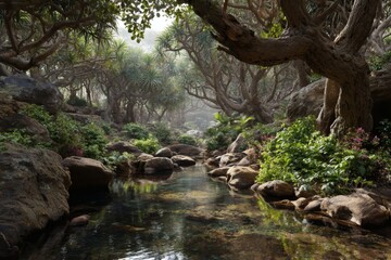 A serene, clear river flows through a vibrant forest with abundant greenery. The scene is bathed in soft light, offering a sense of peace and tranquility