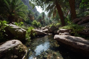 A serene, crystal-clear river flowing through a lush, verdant oasis