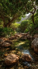 A serene stream flows through a lush forest, creating a picturesque scene of nature's beauty