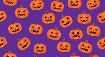 Seamless pattern of hand drawn halloween pumpkins with spooky faces on a dark purple background for festive autumn holiday decorations.
