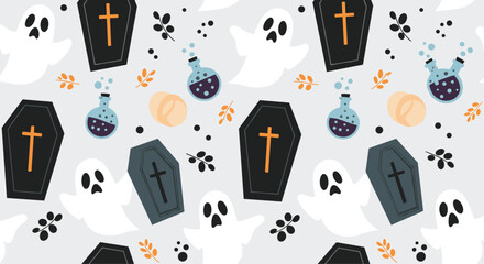 Playful halloween seamless pattern with cute white ghosts black coffins and purple potion bottles on a light gray background with decorative dots.