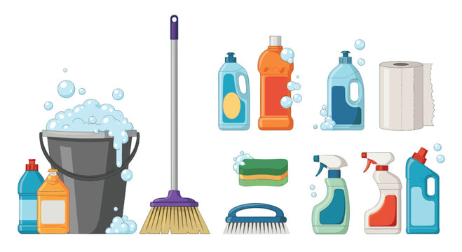 Comprehensive set of household cleaning supplies including a soapy bucket broom sponges and detergent bottles for home maintenance and hygiene.
