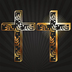 Golden Christian cross with branches and radiance