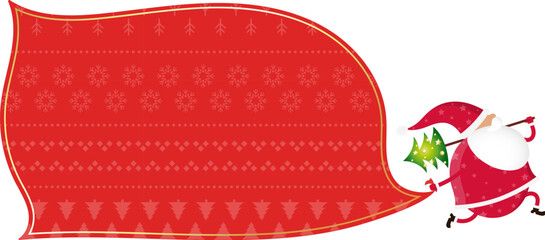 Happy Santa with a Christmas tree and a bag of gifts