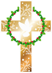 Gold Christian cross with a dove of peace and a wreath of Christmas holly