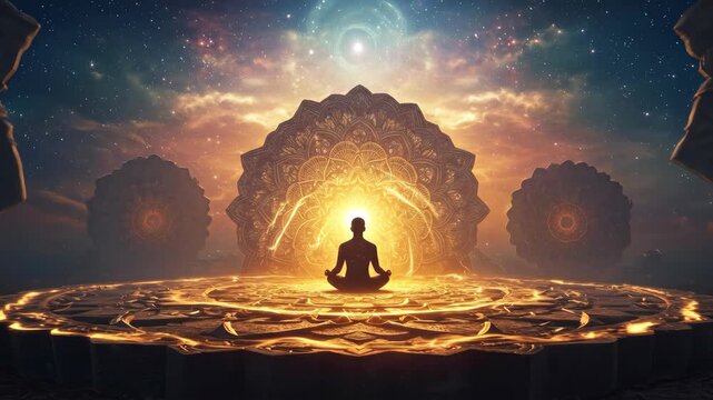 Man meditating in yoga position against vibrant mandala and cosmic sky for mindfulness, relaxation, and self-discovery footage