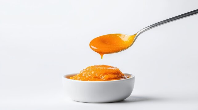 Close-up of a silver spoon pou vibrant orange fruit jam into a small white ceramic bowl against a plain white background