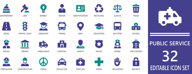 Public service icon set for government, management, society, justice, clean vector UI symbols