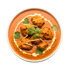 Indian Butter Chicken Curry with Cream Swirl and Fresh Cilantro in White Bowl Isolated on White Background
