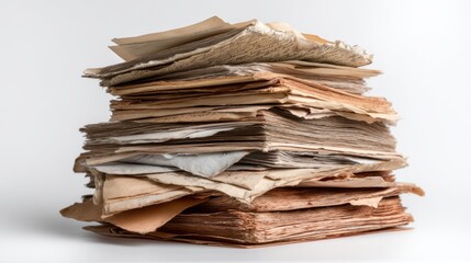 A stack of worn papers sits on a plain background. Some pages are yellowed and edges are frayed. The papers show signs of age and history.
