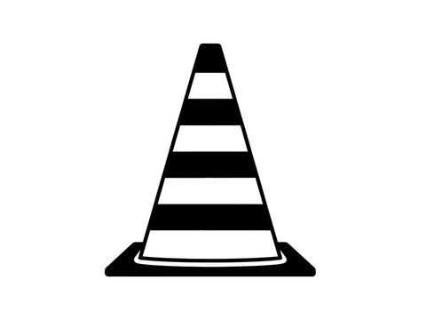 Black and white silhouette of a traffic cone with horizontal black and white stripes