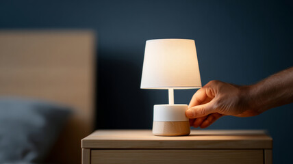 Hand turning on a modern bedside lamp on wooden nightstand in cozy bedroom with dark blue wall background