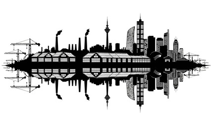 Obraz premium A black silhouette of a cityscape with skyscrapers and buildings reflected in water, set against a clean white background with a dramatic and urban mood.