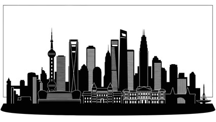 Obraz premium A black silhouette of a cityscape with various skyscrapers and buildings against a white background, showcasing a modern urban landscape.