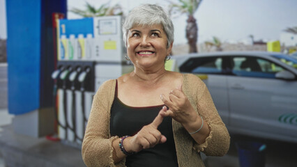 Woman senior grey hair counting fingers at fuel pump beside parked car on street, tapping and...