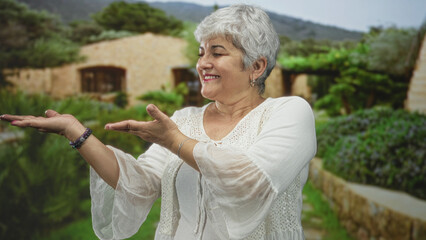 Fototapeta premium Woman presenting palms up with open hands and bracelets in front of stone building, smiling and gesturing to empty space; serenity welcome.