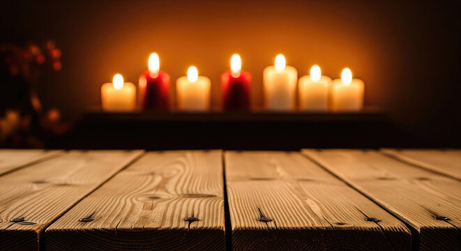 A wooden table illuminated by the warm glow of candles burning in the background. A rustic and intimate backdrop for Christmas, dinner parties, or celebrations.