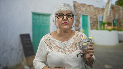 Woman holding a miniature shopping cart with hands, mouth open in a surprised gesture, standing on a narrow street with green doors; surprise thrift humor.