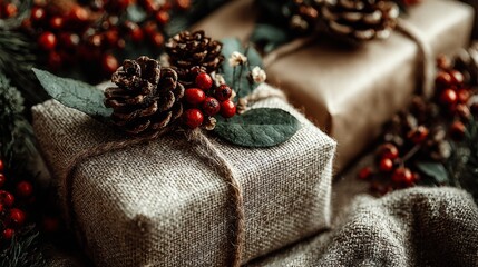 Winter Holiday Flat Lay with Wrapped Gifts and Copy Space