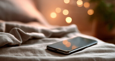 Modern smartphone lying on soft bed sheets with warm bokeh lights in the background creating cozy atmosphere