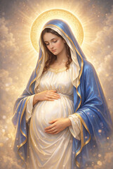 Pregnant Virgin Mary in golden divine light with holy halo, Blessed Mother maternity illustration for Catholic Christmas Advent, religious spiritual greeting cards and church celebration posters