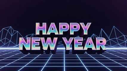 Happy New Year Futuristic Neon Text with Digital Grid Background