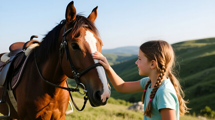 Fototapeta premium Girl petting horse after a ride, joyful connection with nature