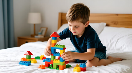 Boy playing with building blocks on the bed, engaging in creative play