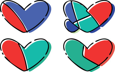 A modern set of four abstract red heart vector symbols, showcasing contemporary conceptual shapes for creative visual storytelling.