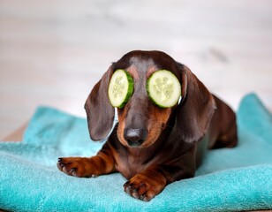 dachshund dog relaxing with beauty mask and cucumber slices during spa procedures