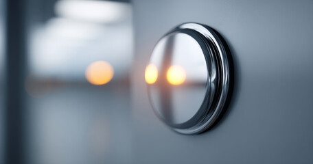 Close-up of a shiny metallic elevator button with blurred lights in the background, highlighting modern design and reflective surfaces in a minimalistic setting