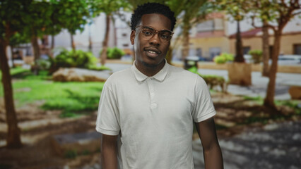 Obraz premium Young african american man wearing glasses and white polo shirt shows thumbs up hand gesture on urban street; optimism.