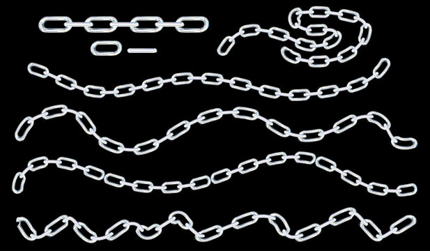 Collection of silver chain links on black background