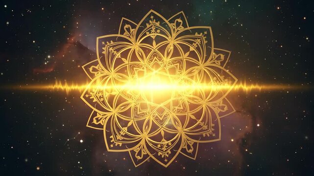Mandala floral symbol with light beam effect against a space background for meditation and chakra visualization footage
