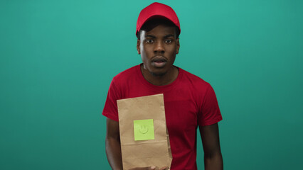 Man holding brown paper bag with green smiley sticker and pointing finger at camera in studio; urgency duty trust commitment.