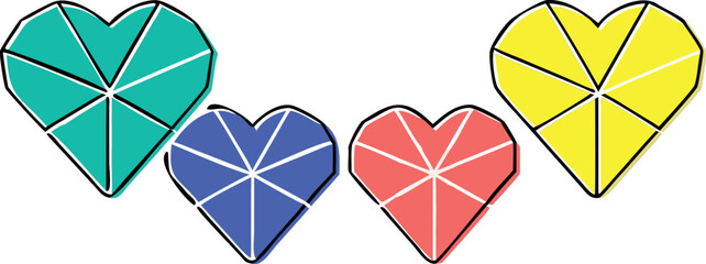 A bold collection of four geometric heart icons featuring structured shapes and sharp angles for a modern and technical design perspective.