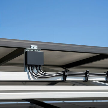 Electrical junction box and cables on solar panel structure.