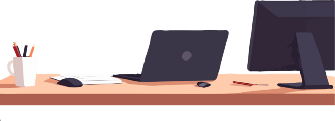 A minimal flat illustration shows a tidy office desk with a laptop, monitor, mouse, notebook, pencil, and a cup of pens arranged on a clean workspace.