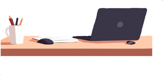 A minimal flat illustration shows a tidy office desk with a laptop, monitor, mouse, notebook, pencil, and a cup of pens arranged on a clean workspace.