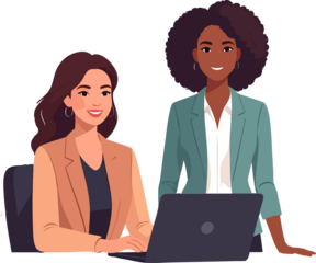 A flat-style illustration depicts two professional women collaborating at a laptop, smiling and working together in a modern office setting.