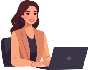 A flat-style illustration shows a smiling professional woman working on a laptop, seated at a desk in a modern, minimalist office environment.