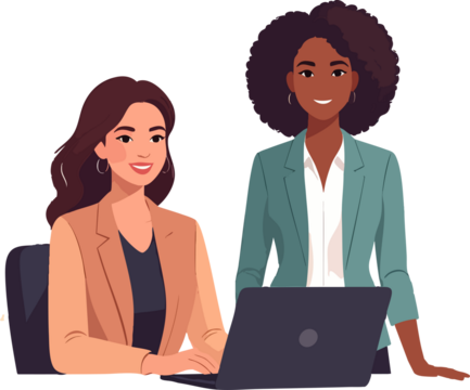 A flat-style illustration depicts two professional women collaborating at a laptop, smiling and working together in a modern office setting. - Powered by Adobe