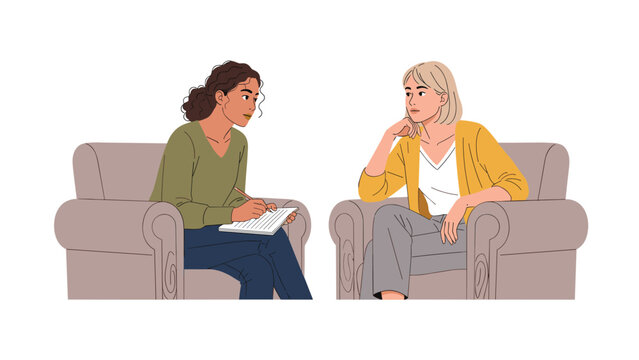 Empathetic therapist with curly hair actively listening and taking notes while blonde client shares her thoughts during a counseling session. - Powered by Adobe