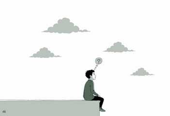 Obraz premium Contemplative Moment: A Person Sitting on Edge with Question Mark in Thought Bubble Against Cloudy Sky
