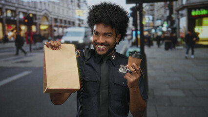 Man in police uniform holding coffee and paper bag smiling on a busy city street conveying urban...