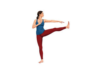 Obraz premium Woman Practicing Balance and Flexibility with an Elegant Extended Hand-to-Big-Toe Pose in Yoga or Fitness Routine on White Background