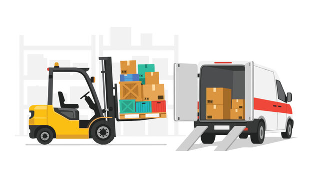 Forklift expertly loading a pallet stacked with colorful cardboard boxes into the back of an open white delivery van for transport.