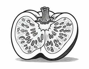 Obraz premium Monochrome Bell Pepper Cut Away Showing Seeds in Detailed Woodcut Style 