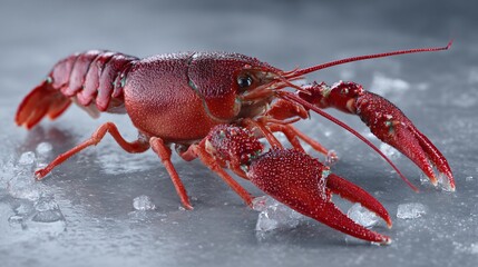 Crayfish served chilled on ice, minimalist seafood presentation, cool grey surface