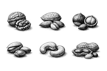 Hand drawn collection of various nuts in vintage style
